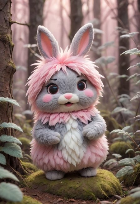 source_anime, Cute wonderful creatures, Microphotography, chibi, cute  fluffy rabbits ,pink and grey, in a dreamy forest, ispzxll, In a felt puppet world style,