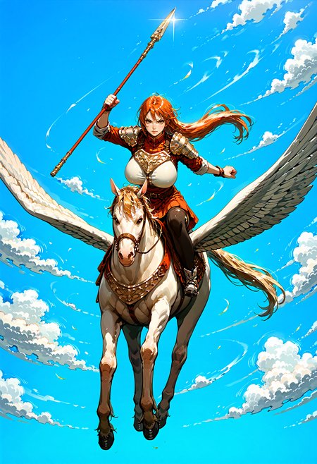 score_9,score_8_up,score_7_up,extreme detailed,full_body,zPDXL3 BREAK sky,flying,1girl,huge breasts,<lora:Pony_DetailV2.0:1>,
pegasus knight,horse,horseback riding,pegasus,long hair,shoulder armor,breastplate,pegasus knight uniform \(fire emblem\),<lora:pegasus knight-v3-pony:0.7>, polearm,holding weapon,fighting stance, v-shaped eyebrows,