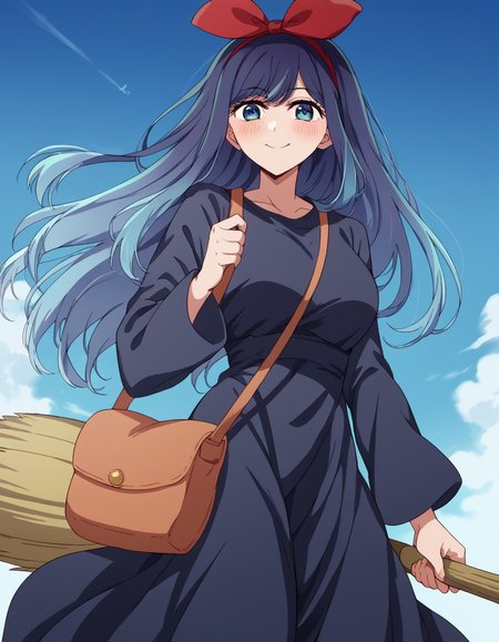 score_9, score_8_up, score_7_up, source_anime, <lora:akane-kurokawa-s2-ponyxl-lora-nochekaiser:1>, akane kurokawa, long hair, bangs, blue eyes, large breasts, black hair, blue hair, multicolored hair, gradient hair,, <lora:witch-kiki-cosplay-ponyxl-lora-nochekaiser:1>, witch kiki cosplay, kiki (majo no takkyuubin) (cosplay), bag, black dress, bow, bow hairband, cosplay dress, hairband, long dress, red bow, red hairband, shoulder bag, sleeves past elbows,, blue sky, broom, broom riding, smile, blush,, cowboy shot, looking at viewer,