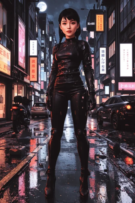 fishtail braid black hair young cyberpunk woman, anime, illustration, cyberpunk, futuristic, extremely detailed, portrait, standing, happy smile, beautiful cyberpunk tokyo buildings landscape, wet floor, windows, car, motorbike, moon in the sky, bright neon lights, screen holograms, kanjis, raytracing, hdr, high contrast, cinematic lights, backlight, reflections, legs, heels, sharp focus, luminous Espresso Brown robot glossy brilliant armor, body lights, body circuits, glossy lipstick, necklace, linear earrings, colorful, retrowave, shadows, vibrant colors, colorful, bright, pretty, beautiful, feminine, sexy, lovely, in love, adorable, fashion, <lora:Hand v2:1> <lora:Anti-Blur:2> <lora:Insane Detail Slider:0.5>  <lora:flux.1_lora_flyway_Epic-detail_v2:0.3><lora:fluxenhancer:0.5> <lora:RetroAnimeFluxV1:0.3> <lora:CPA:0.6> <lora:Luminous_Shadowscape:0.3>  <lora:Neon_Noir_FLUX:0.4> mad-neon-noir  <lora:bv-cybstyenh-v1_rank16_bf16:0.3>