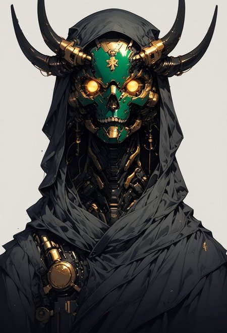score_9,score_8_up,score_7_up, g0ldl34f, solo, 1head, forest green helmet, no humans, glowing mechanical eyes, intricate ram horns, robot, mecha, beaten brown cloak, science fiction, cyborg, mechanical parts, humanoid robot, science fiction, sinozick style, flat color, dark theme, Expressiveh, l0g0, simple background