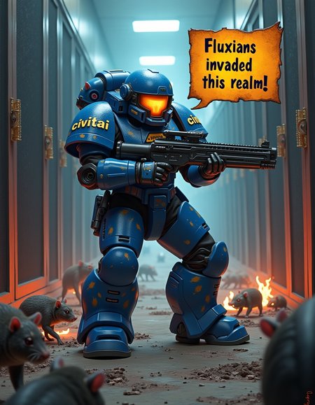 spacemarine in blue armor with speech bubble "Fluxians invaded this realm!", on his shoulder pad text "civitai", perfect text, perfect anatomy, aiming rifle, in server room infested with daemonic rodents and insects, fire, ruins