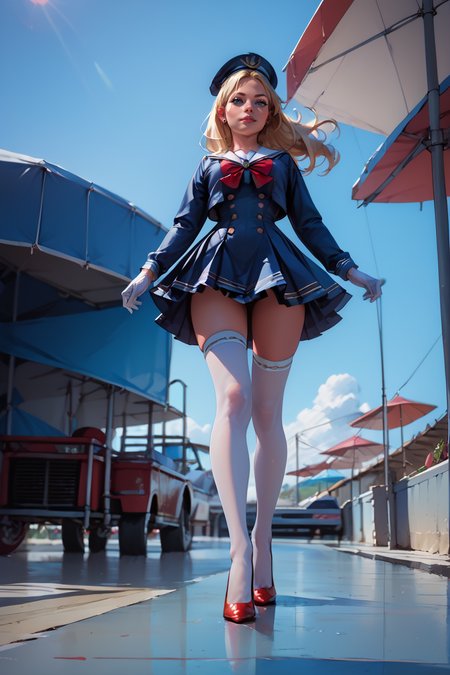 1woman, sexy, petite, skinny legs, long hair, blonde hair, <lora:Sailor:1> Jed-Salr, Navy Blue Mini Dress, White Trim,  White Sailor Collar,  Nautical Stripes,  White Thigh-High Stockings, Red Heels, Sailor Hat,  White Gloves, Sailor Cuffs, White Petticoat, walking on a coastline, viewer looking from below, upskirt,, score_9, score_8_up, score_7_up, score_6_up, score_5_up, score_4_up, <lora:K040790P:0.4> 040790P, woman, 24 years old, <lora:Breast Slider - Pony_alpha1.0_rank4_noxattn_last:1>, (tiny waist, flat stomach, narrow hips), <lora:Aesthetics_Enhancer_pony:0.8> EnhanceImage