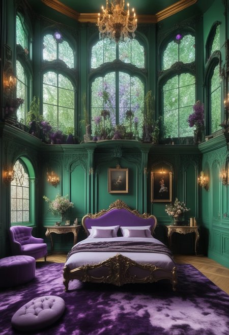 Light mood masterpiece photography, realistic, realistic photograph, inside bedroom, gaudy, fancy headboard, dark purple wooden bedframe, maximalism, mint green, lilac, lilac purple, periwinkle, Kelly Green, in bedroom, soft rug, neon rug, bedroom like bedroom from Howl's Moving Castle, vanity, beanbags, framed pictures of castles on wall, magic potions, large windows, chandelier, crystal chandelier, bookshelf