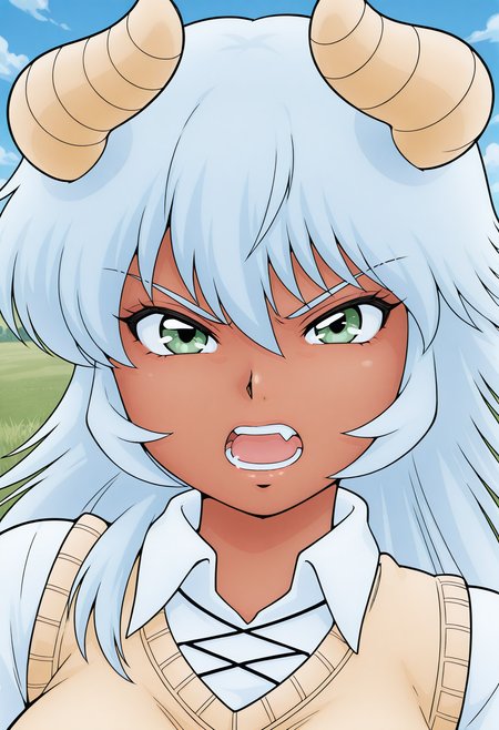 kidou_mami, horns, dark-skinned female, dark skin, green eyes, blue hair, long hair, school uniform, collared shirt, sweater vest, short sleeves, <lora:kidou_mami_illustrious_ver2:0.8> 
serious, open mouth, fang, teeth,, masterpiece, best quality, sensitive,, 1girl, solo, blue sky, (grasslands:1.2), looking at viewer,, (upper body:1.2), (close-up:1.2), (facing viewer:1.2), (open eyes:1.4), (portrait:1.2)
