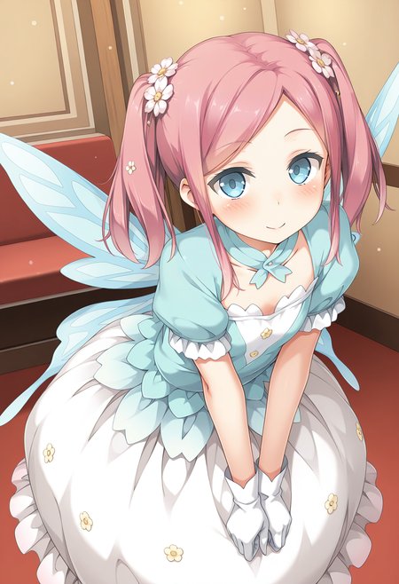 highres, best quality, masterpiece, indoors,
1girl, solo, kkanommk, pink hair, twintails, hair flower, blue eyes,
white skirt, puffy sleeves, white gloves, fairy, fairy wings, bubble skirt, 
looking at viewer, blush, smile,
theater, v arms, leaning forward, 
<lora:_momoka_koikano-elesico-ilxl:1>