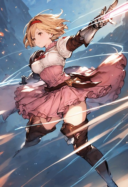 score_9, score_8_up, score_7_up,score_6_up, source_anime, best quality, masterpiece, aesthetic, absurdres, 
perspective, (holding sword:1.2), action, motion blur, 
1girl, solo, 
djeeta \(granblue fantasy\), blonde hair, short hair, hairband, brown hair,  medium breasts, pink blouse, skirt, tighthigh boots, (shoulder armor, gauntlets:0.7), 
<lora:JitaRuri-Pony:0.8> jitaruri, <lora:IshikePony:0.5>,