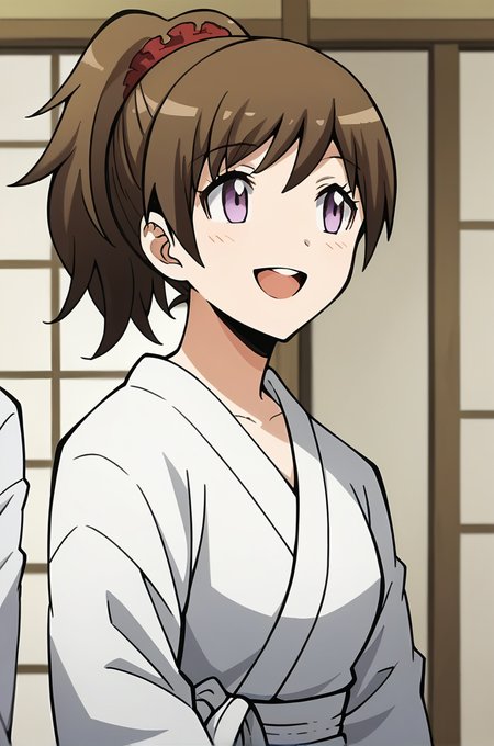 score_9, score_8_up, score_7_up, score_6_up, score_5_up, score_4_up, source_anime, BREAK 1girl, <lora:Yada_Toka:1>, yadatoka, brown hair, high ponytail, purple eyes, red scrunchie, white yukata, looking to the side, smile, open mouth, facing to the side, japanese room