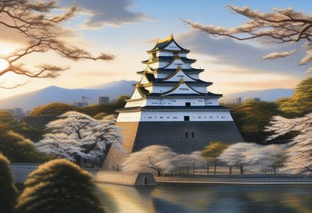masterpiece, photorealistic,  landscape,WhiteMold Osaka Castle, rising sun