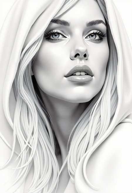 A close-up portrait in monochrome pencil and charcoal drawing of a woman with an almost ethereal beauty. The composition uses soft and smooth transitions in white and gray tones achieved with pastel chalks.

Her face is narrow, with symmetrical eyes and irises, beautiful eyebrows, and eyelids drawn slightly darker. She has a straight pretty nose and well-formed lips. Her long, flowing white hair cascades down her shoulders in soft waves. She is wearing a flowing, white cloak that drapes elegantly around her. 

The drawing captures a serene and calming atmosphere, emphasizing the delicate and realistic details.

