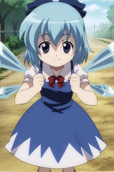 score_9, score_8_up, score_7_up,anime_source, source_anime, best background, detailed background, anime screencap,  Cirno, blue bow, blue dress, dress, ice, ice wings, looking at viewer, smile, solo, v-shaped eyebrows, wings, flying, smug, outdoors, dynamic angle, dynamic camera, <lora:JN_School_Days_Artstyle:0.8> <lora:JN_Cirno:0.8>