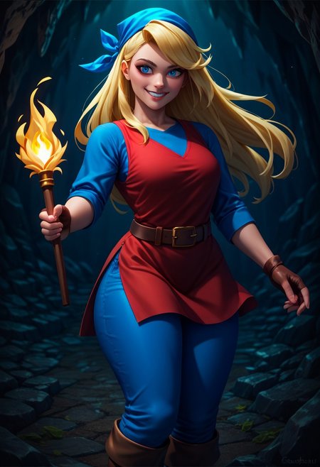 masterpiece, best quality, very aesthetic, absurdres,
score_9, score_8_up, score_7_up,score_6_up, score_5_up, score_4_up , 1girl, cadence, blue eyes, blonde hair, long hair, 
thick thighs, blue bandana, red tunic, fingerless gloves, brown boots, belt, blue pants,
standing,
smile, holding torch, cave background  <lora:CadenceIllustriousXL_byKonan:1>