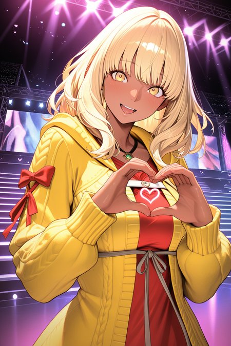 masterpiece, best quality, amazing quality, absurdres, honeyhyune, blonde hair, dark skin, dark-skinned female, yellow jacket, yellow eyes, red shirt, solo, smile, open mouth, heart hands, looking at viewer, medium breasts, outdoors, stage, stage lights, bright colors, vibrant colors