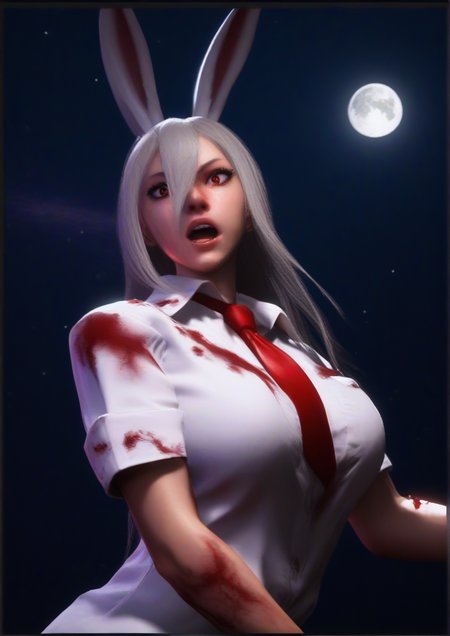 1girl, reisen udongein inaba, score_9, score_8_up, score_7_up, score_6_up, score_5_up, score_4_up, realistic, huge breast, 3d, , animal ears, black border, black sky, blood, blood on face, border, breasts, collared shirt, grey hair, hair between eyes, injury, light, long hair, looking at viewer, moon, necktie, open mouth, rabbit ears, red eyes, red necktie, shirt, short sleeves, sidelocks, sky, solo, space, standing, white shirt, zPDXL3,<lora:Street_Fighter_6:1>