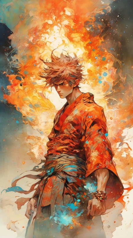 futuristic-fantasy-anime, male elemental monk | muscular | full beart | flaming hair | fighting stance | facing camera | full body portrait |centered| key visual| intricate| highly detailed| breathtaking beauty| precise lineart| vibrant| comprehensive cinematic| Masterpiece | Carne Griffiths| Conrad Roset  | Alphonse Mucha
