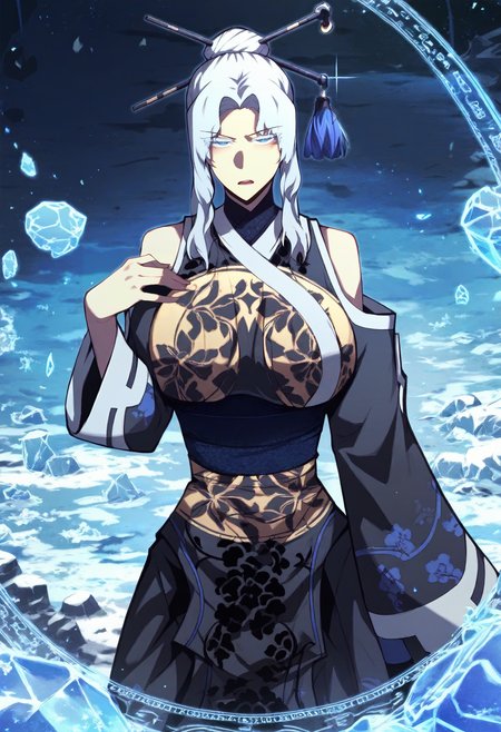score_9, score_8_up, score_7_up, score_6_up, source_anime, rating_explicit, 1girl, solo, huge breasts,<lora:Talaris Endorma prefectPonyxl:0.9> single hair bun, hair ornament, hair stick, white hair, sidelocks, blue eyes, colored eyelashes, parted bangs, japanese clothes, floral print, black dress, bare shoulders, shoulder cutout, sash, long sleeves, wide sleeves, frown, serious, open mouth, grasslands, outdoors, looking at viewer, hand up, (ice:1.1), magic circle