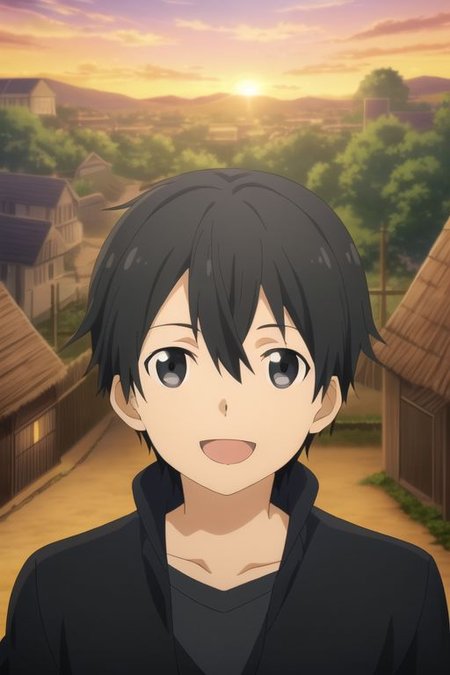 high resolution, professional photography, best quality, 1Boy, Kazuto Kirigaya, Black Hair, Black Eyes, potrait, laughing, very happy, half body, village, sunset, looking at viewer,,