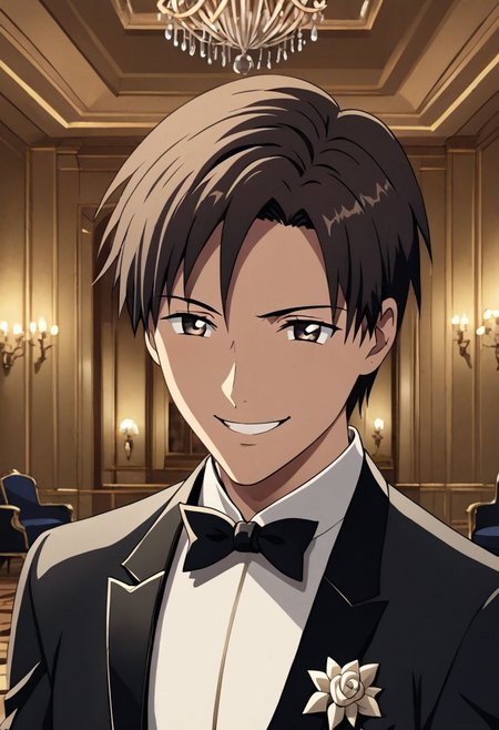 high resolution, solo, best quality, 1Boy, Takaki Toono, Brownish Hair, Brown Eyes, luxury hotel, Ballroom, tuxedo, smile, confident, OverallDetail