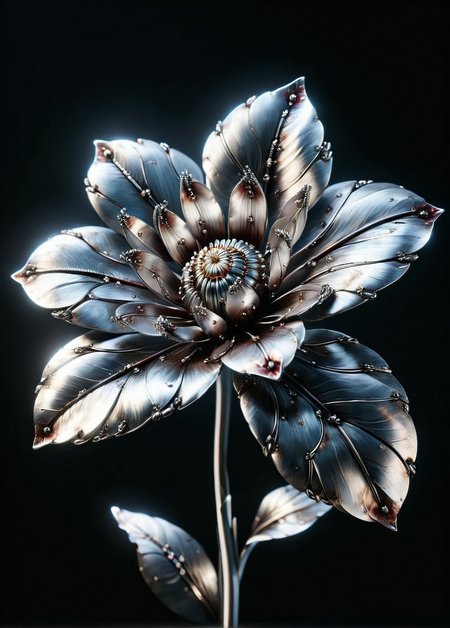 a delicate ais-wldd flower with petals of shimmering metal <lora:ais-wldd-sdxl:1>