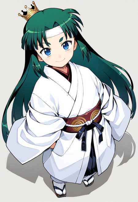 <lora:Tsugumomo-PonyXL-1024px-v1.0:0.8>
1girl, solo, flat chest, short petite, small body, blue eyes, crown, full body, green hair, headband, japanese clothes, kimono, long hair, looking at viewer, sash, skirt, smile, standing, tabi, transparent background, (((upper body, portrait))).