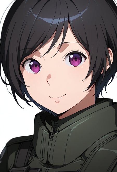 masterpiece, best quality, amazing quality, very aesthetic, absurdres, newest, illustration, perfect composition, intricate details, highres, anime coloring, 1girl, solo, (portrait:1.2), inkoww, purple eyes, black hair, short hair, aldnoahsuit, looking at viewer, smile, simple background, white background, shiny body, shiny skin, skindentation, clear skin, shiny hair, ultra detailed eyes, depth of field, sharp, intricate details, hyperdetailed, ultra-detailed, detailed clothing folds, high contrast, dynamic light  <lora:Amifumi_Inko_Aldnoah_Zero_ill_v1.1:1>