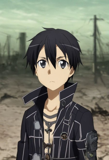 high resolution, solo, best quality, 1Boy, Kazuto Kirigaya, Black Hair, Black Eyes, shallow depth of field, Post-Apocalyptic, survival, OverallDetail