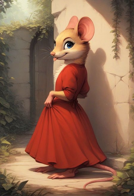 score_9, score_8_up, score_8, solo, (fluffy:0.6), (feral:1.3), toes, furry, (((mouse))), female, blue eyes, yellow fur, chest, claws, (red dress), in the style of beatrix potter, outdoors, (solo:2), side view, smirking, tongue out, (cute), lift dress, (look back:1.2), flat colors, line art