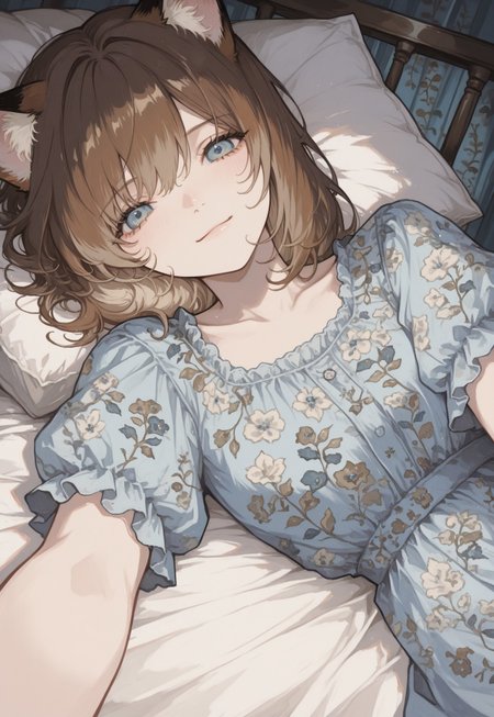 solo, detailed, ethereal, soft lines, sideways, 

inside, 

female pov, pov across bed, looking at viewer, 



light_smile, happy, 

1girl, catgirl, brown hair, blue eyes, calico patterned dress, blue_white dress, 

masterpiece, best quality, amazing quality, very aesthetic, absurdres, 