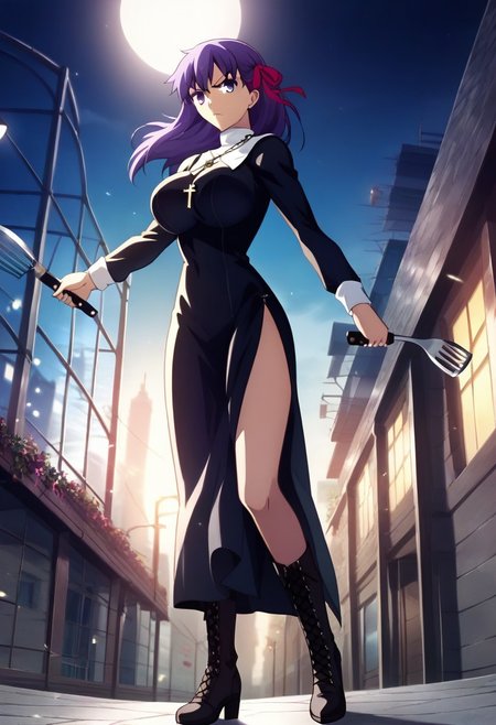 score_9, score_8_up, 1girl, MatouSakura, source_anime, Expressiveh, perfect face, purple hair, long hair, hair ribbon, pink ribbon, perfect shiny hair, purple eyes, ultra-detailed eyes, iridescent shiny eyes, 2d, anime coloring, anime screencap, perfect proportions, slim body, flared waist, ultra-wide hips, perfect ass, ultra-flared hips, shapely slim legs, large breasts, bursting breasts, skindentation, tigh squish, taut skirt, taut clothes, taut breasts, skindentation, nun dress, long sleeves, cross necklace, cross-laced footwear, lace-up boots, boots, necklace, night cityscape, moonlit street, nighttime, midnight, facing viewer, duch angle, serious expression, looking down on viewer, (holding kitchen tools as weapons: 1.2), fighting pose,  zPDXL