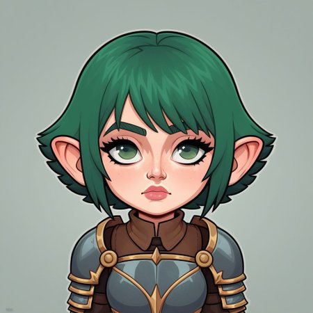 Gnome, short stature, big round ears, 1 girl, green hair, green eyes, armor