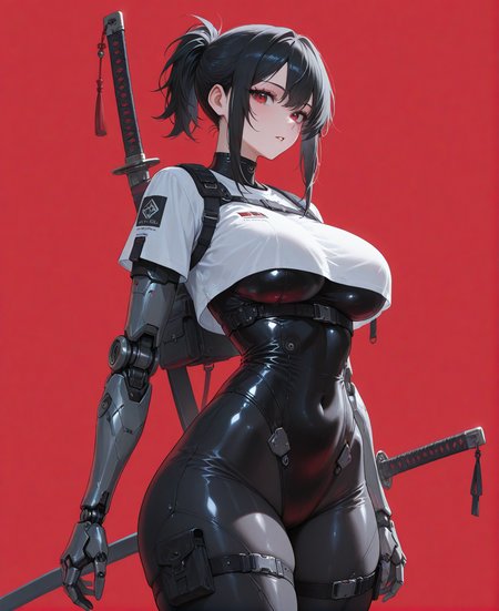 masterpiece,best quality,incredibly absurdres,1girl,black hair,sidelocks,short ponytail,long hair,red eyes,black leotard,black pants,pocket,mechanical leotard,white shirt,short sleeves leotard,crop top shirt,cowboy shot,standing,katana,weapon on back,looking at viewer,eyelashes,parted lips,mechanical arms,red background,simple background,techwear,thigh belt,belt,long hair,
<lora:re4lity:1>,re4lity_sync_illu,big breasts,thick_thighs,wide hips,