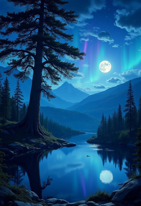 A captivating night scene illustration featuring a large wonderous magical fir tree overlooking a lake in the Smokey Mountains of Appalachia. The great fir is ancient but well strong and powerful.  This enchanting artwork captures a serene and peaceful early morning, where the full moon is in the sky and the sunrise is near, aurora is fading in the sky as it turns brighter, beautiful smokey mountains and tree which   stands resolute amidst the forest, creating a cinematic experience., illustration, cinematic, aidmaMJ6.1