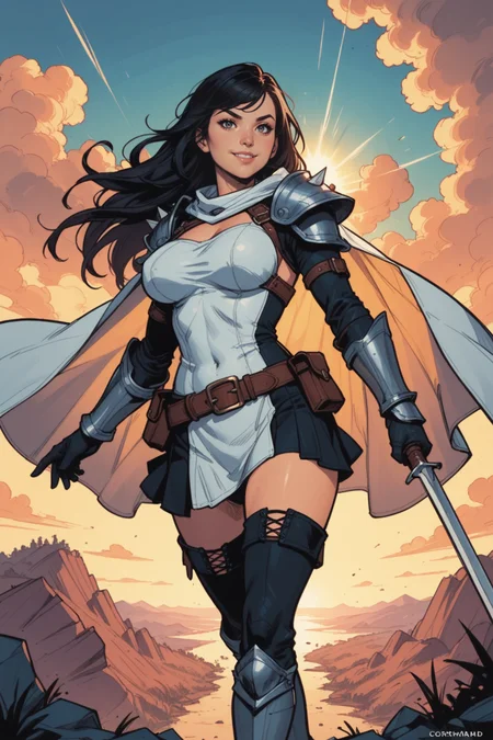 1girl, solo, long hair, weapon, black hair, armor, cape, thighhighs, looking at viewer, navel, outdoors, sky, breasts, belt, holding weapon, holding, gloves, smile, shoulder armor, mace, brown eyes, cloud, boots, white cape, pouch, dress, running, pauldrons, black eyes, thigh boots, outstretched arm, day, watermark, lips, artist name, cross-laced clothes, gauntlets, short dress, breastplate, closed mouth, navel cutout, medium breasts, standing, large breasts, web address, jewelry, black thighhighs, zettai ryouiki, sunlight, thigh strap, swept bangs, lens flare, outstretched hand, very long hair, cloudy sky, reaching, belt pouch, spikes, reaching towards viewer, blue sky, <lora:Expressive_H:0.5>, score_9, score_8_up, score_8_up, a_Comic_Illustration, rough lines with ink, (drawn:1.1), (sketch:1.5), (crosshatching:1.25), (comic style:1.1), graphic novel style, sharp lines, hires, zstyle, (western comics \(style\):1.1), (hatching \(texture\):1.2), zPDXL, Mr_Monster_Possitive, beautiful detailed eyes, extreme details eyes,  perfect anatomy,, 1girl, thighs, cowboy shot