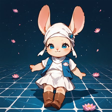 <lora:Final_Fantasy_-_Loporrit:1> loporrit, lagomorph, lotus position, white turban, blue vest, white shirt, short white skirt, brown boots, tiled floor, blue background, spaceship background, (chibi:0.8), cute, (chubby cheeks:0.5), <lora:StS_PonyXL_Detail_Slider_v1.4_iteration_3:4>, score_9, score_8_up, score_7_up, source_furry