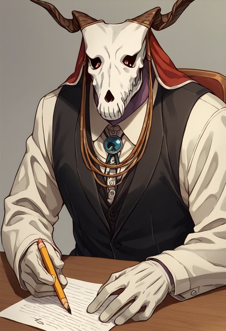 Elias, solo, horns, 1boy, skull, male focus,suit, shirt, vest,  simple background,holding, pencil, paper, sitting, desk,gloves, writing, necktie <lora:EliasAinsworthPony1.0:1>, score_9, score_8_up, score_7_up, score_6_up, score_5_up, score_4_up cowboy shot,