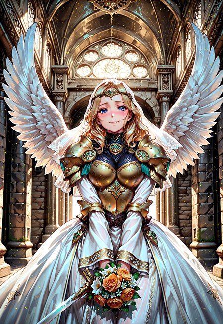 N4GAR3IPP0N, twir, masterpiece, highly detailed, 1girl, solo, a Valkyrie warrior woman, long wavy golden blonde hair, blue eyes, embarrassed smile, blush across the nose, golden circlet and white veil, with white wings, wearing a gold and white wedding dress, detailed patterns and geometric embroidering. silver trim, elegant armored shoulder plates, chainmail corset, beautiful, vibrant, colorful, looking at the viewer, holding a bouquet with a sword in it, in an old stone grand hall, arched vaulted ceiling, cinematic lighting and shadow, dynamic composition, Smooth Quality