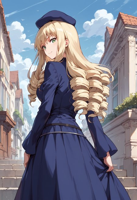 score_9, score_8_up, score_7_up, , score_ANIME , adilisia, 1girl, solo, long hair, blue dress, long dress, drill hair, from behind, beret<lora:adilisia_pony2:0.8> breasts,  cowboy shot,  long dress, looking at viewer, smile, looking back,