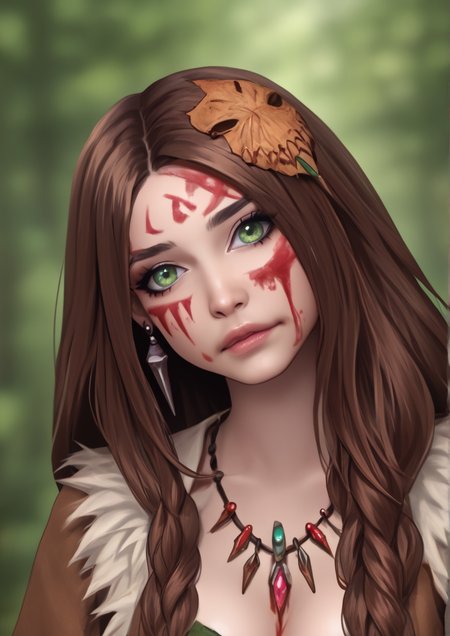 1girl, san (mononoke hime), huge breast, blood, blood on face, blurry, brown hair, closed mouth, depth of field, earrings, facepaint, fur, green eyes, head tilt, jewelry, leaf, looking away, mask, mask on head, necklace, parted bangs, realistic, solo, tooth necklace, upper body, web address,,zPDXL3  <lora:KolgaArt:1>