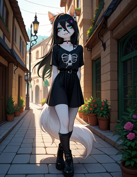 masterpiece, best quality, very aesthetic, absurdres,
outdoors,
full body, standing, posing, 
goth fashion, 
 seductive smile, parted lips, long eyelashes,
 <lora:Angel_v01_NAIXL:1>
4ng31,1girl,solo,furry,furry female,long hair,hair ornament,black hair,hair between eyes,animal ears,ear piercing,aqua eyes,snout,animal nose,choker,body fur,white fur,wolf tail,