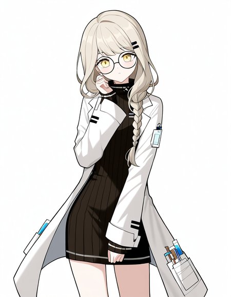 1girl,solo,lijianxi,glasses,lab coat,simple background,looking at viewer,white background,cowboy shot,<lora:lijianxi-000010:1>,, masterpiece, best quality, very aesthetic, absurdres,newest, incredibly absurdres,