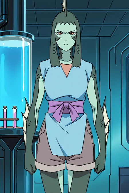 masterpiece, best quality, anime coloring, anime screencap,
 <lora:Amaru_Hanare_Isaribi_and_Koyuki_Naruto:.9>
in a laboratory, giant human-sized test tubes,
Isaribi (character), Isaribi's transformed appearance, barefoot, solo, fins, 1girl, shorts, sash, monster girl, colored skin, looking at the viewer, serious face, cowboy shot