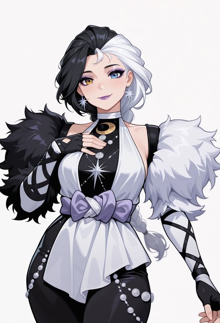 1girl, solo, white background, hand on own chest, smile, looking at viewer, 
black hair, white hair, two-tone hair, long hair, braid, heterochromia, earrings, makeup, purple lips, 
fur trim, white dress, halter dress, detached sleeves, jewelry, crescent, sash, fingerless gloves, black pants, asymmetrical clothes, 
masterpiece, best quality, <lora:Luna_SnowMR_NM-guy90-Illust-LoraV1:1>, mnrnul