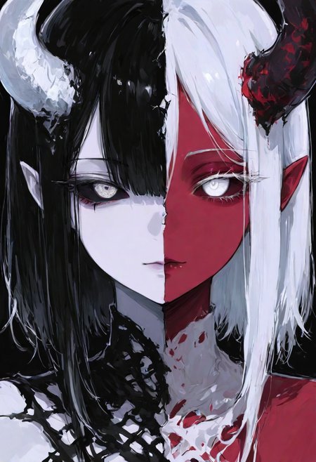 masterpiece, best quality, good quality, very aesthetic, absurdres, newest, 8K, depth of field,  in the style of cknc, artist:moriimee, in the style of cksc, 
1girl, (((split face))) (((right side angle face, long white hair, white eye, pale skin, no horn))) ((( left demon side, black hair, red skin, ember eye, succubus, single demon solo horn,))) face focus, split identical face