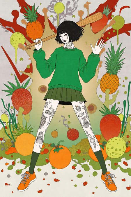 kchiba1 illustration. 
liquid splash, cartoonish juicy fruits chaos, dynamic pose, dynamic camera, a fashion shoot, an illustration of a woman threateningly holding a baseball bat in her hands, full body tattoo, wearing green short sweater, miniskirt, knee socks, orange sneakers, aggressive facial expression, wall with graffiti in the background,
 <lora:kchiba1_cap_d6a3:1.0><lora:837665974741192747:0>