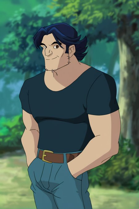 masterpiece, best quality, highres, newest, logan, 1boy, solo, male focus, mature male, short hair, dark blue hair, brown eyes, thick eyebrows, facial hair, stubble, sideburns, muscular, dark blue t-shirt, short sleeves, blue jeans, denim, brown belt, belt buckle, looking at viewer, smile, standing, cowboy shot, hands in pockets, outdoors, nature, tree <lora:Wolverine (Logan) X-Men Evolution (Only Logan) v1.1 [LoRA] - NoobAI-XL EPS 1.0:0.8>