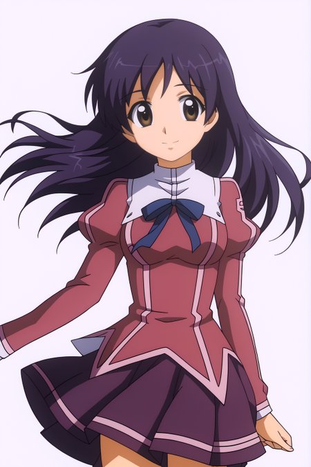 <lora:Freezing2:0.8> white background, Ticy, solo, smile, skirt, long sleeves, ribbon, school uniform, puffy sleeves, wind