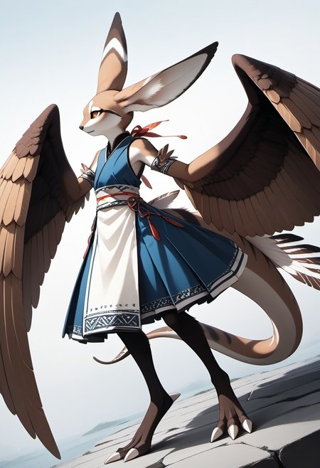 1person, Palagiri, anthro, feline features, feline nose, large ears, ((wing arms)), large wings, arms lowered, digitigrade legs, long tail, tapering tail, feather-tipped tail,
Dutch angle, 
Source: anime, score: 9, score: 8up,