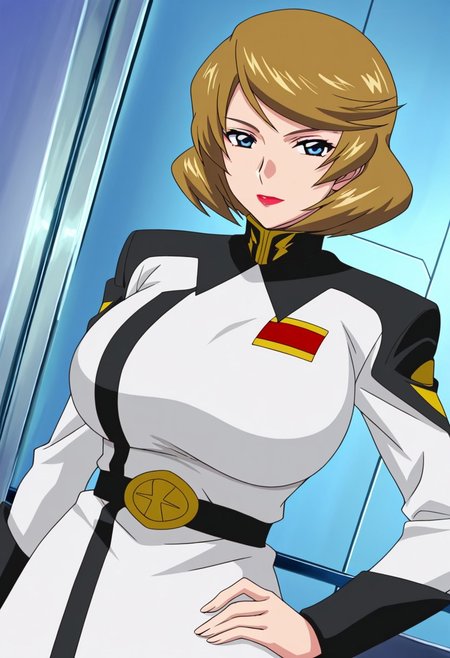 general,highres, ultra-detailed,very aesthetic,best quality ,best hands,best eyes,easynegative,
dynamic anglre, dutch angle, anime cloring,anime screencap,
1girl solo,looking at viewer,space ship, indoors, hand on hip, 
Talia Gladys,yellow_hair, short_hair, lipstick, blue_eyes, huge_breasts,military uniform,