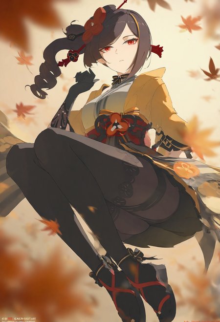 void 0, genshin impact, chiori \(genshin impact\), 1girl, artist name, ass, asymmetrical sidelocks, autumn leaves, bike shorts, black footwear, black gloves, black hair, black pantyhose, black thighhighs, blurry, blurry foreground, depth of field, floating hair, full body, gloves, japanese clothes, kimono, leaf, long sleeves, looking at viewer, maple leaf, medium hair, obi, okobo, pantyhose, parted lips, pleated skirt, red eyes, red sash, sandals, sash, short kimono, skirt, solo, thighhighs, thighhighs over pantyhose, thighs, upskirt, watermark, web address, wide sleeves, yellow kimono