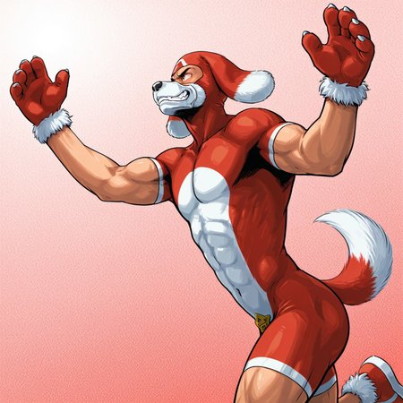 PIPoochy, 2d, solo, 1boy, male, human, skin tight, red and white bodysuit, mask, black nose, white muzzle, dog animal ears, dog tail, dipstick tail, muscular, white claws, red gloves, red paw shoes, white toeclaws, 

BREAK half body, upper body focus, giving a thumbsup, grin, abstract background 